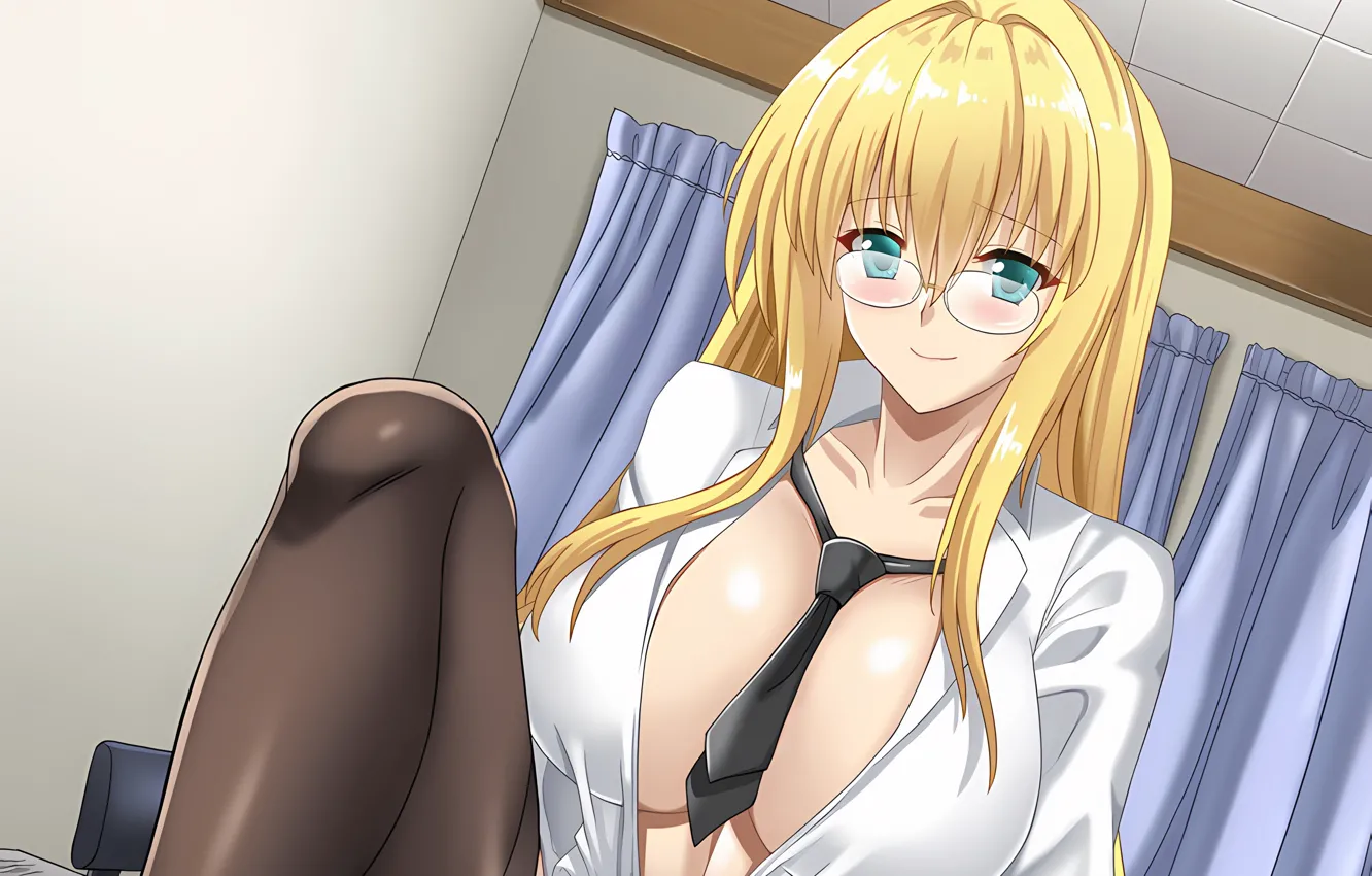 Фото обои girl, sexy, cleavage, thighhighs, green eyes, long hair, boobs, anime