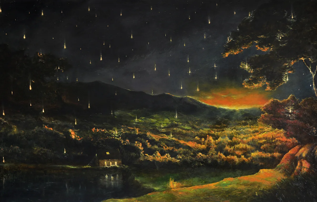Фото обои лес, небо, звезды, пейзаж, ночь, огни, озеро, дом