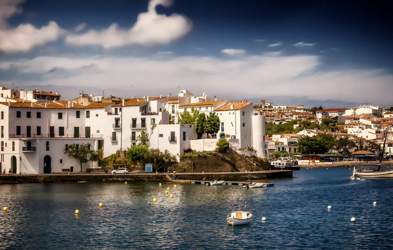 Фото обои здания, лодки, панорама, Испания, набережная, гавань, Spain, Каталония