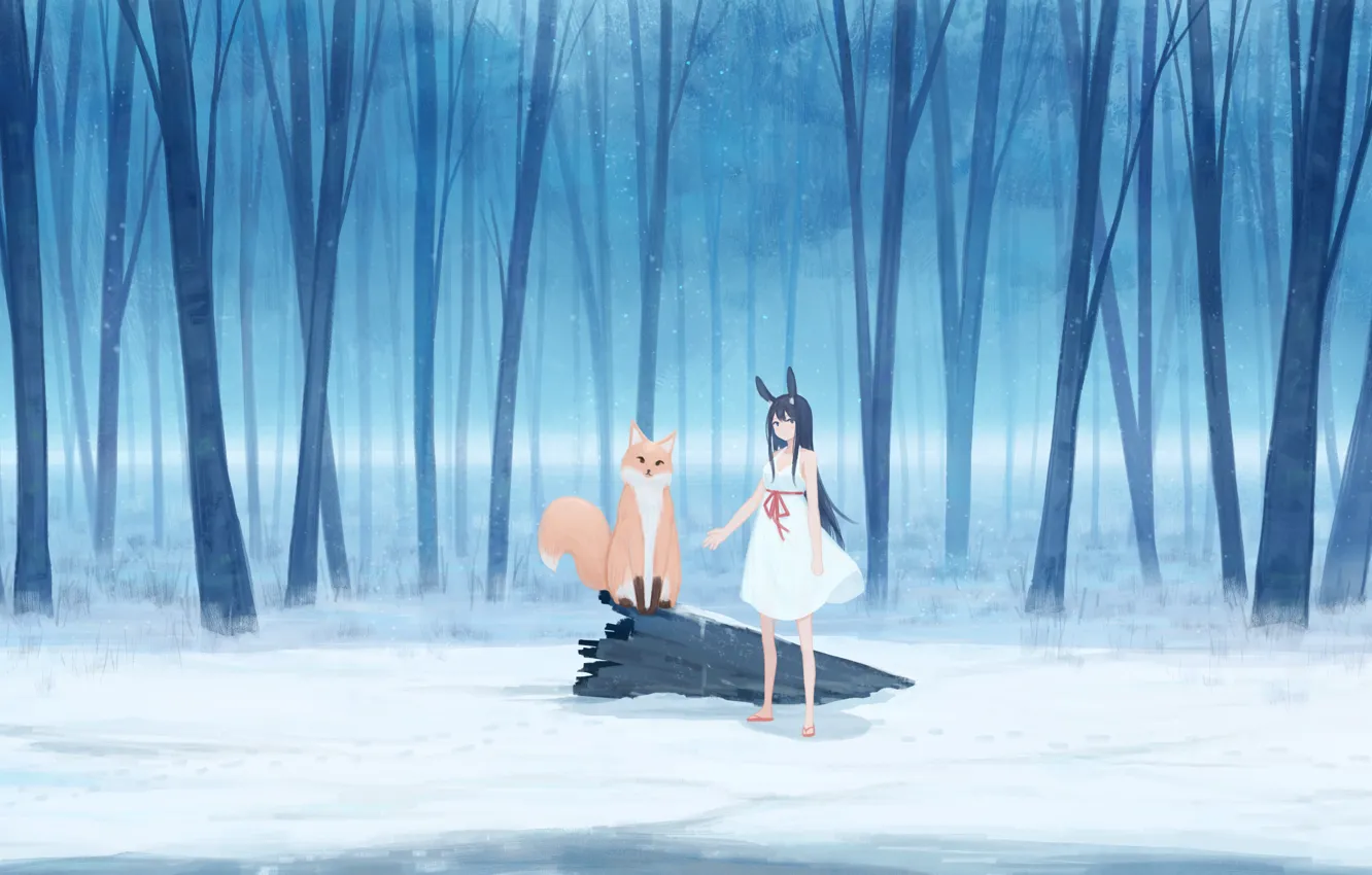 Фото обои зима, лес, девушка, снег, кролик, лиса, ушки