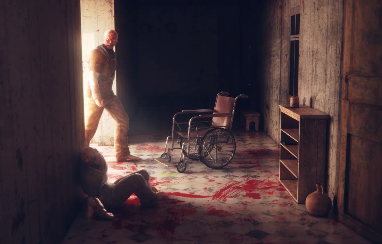 Фото обои смерть, кровь, коридор, мертвец, outlast, hospital