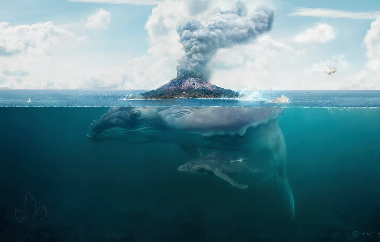 Фото обои фантастика, остров, вулкан, арт, кит, desktopography, hq wallpaper