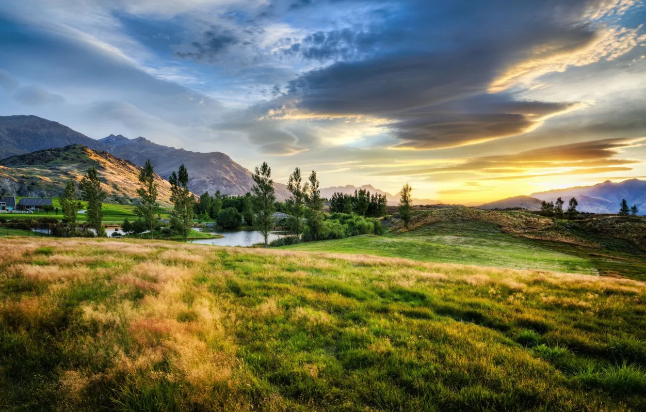 Фото обои Landscape, New Zealand, Sunset, Mountains