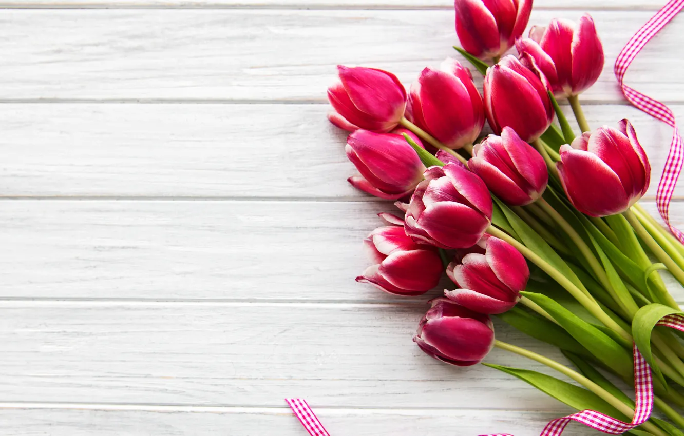 Фото обои букет, весна, лента, тюльпаны, розовые