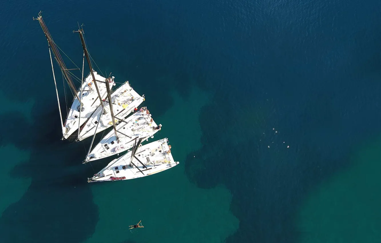 Фото обои море, отдых, яхты, группа, Греция, сверху, мачты, на якоре