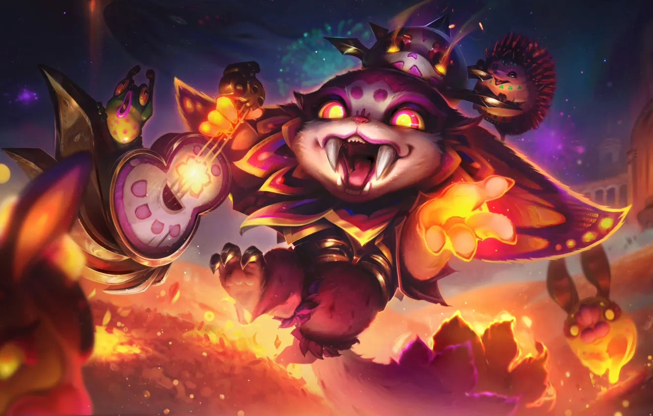 Фото обои улыбка, праздник, гитара, салют, League of Legends, видеоигры, цифровое искусство, Riot Games