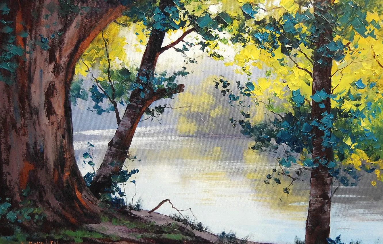 Фото обои деревья, природа, река, листва, арт, artsaus
