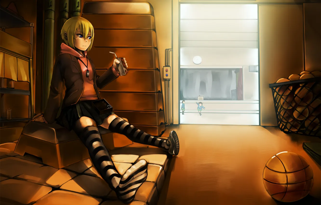 Фото обои свет, дети, корзина, мяч, сок, девочка