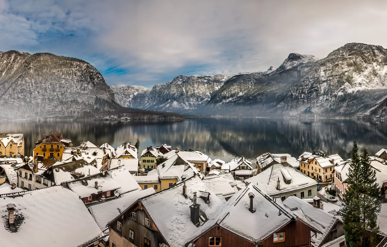 Фото обои зима, горы, озеро, дома, Австрия, крыши, Альпы, панорама