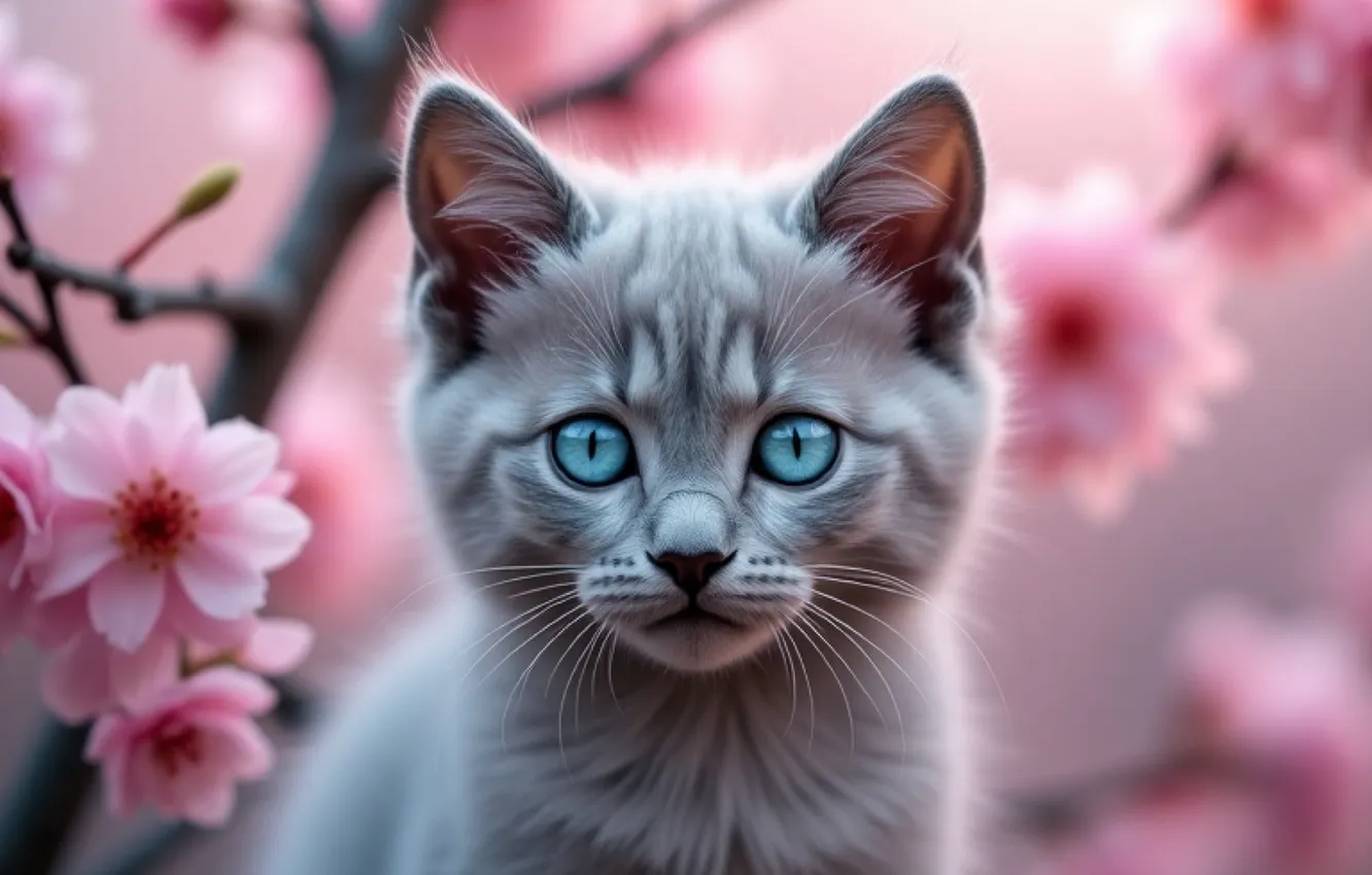 Фото обои кошка, кот, взгляд, цветы, поза, котенок, серый, портрет