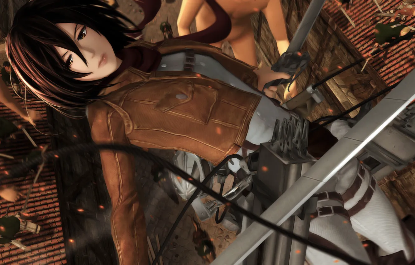 Фото обои девушка, город, шарф, разведчик, mikasa ackerman, Shingeki no Kyojin, attack on titan