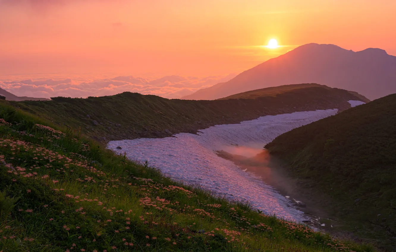 Фото обои солнце, облака, горы, рассвет, Japan, Toyama, Mount Tate
