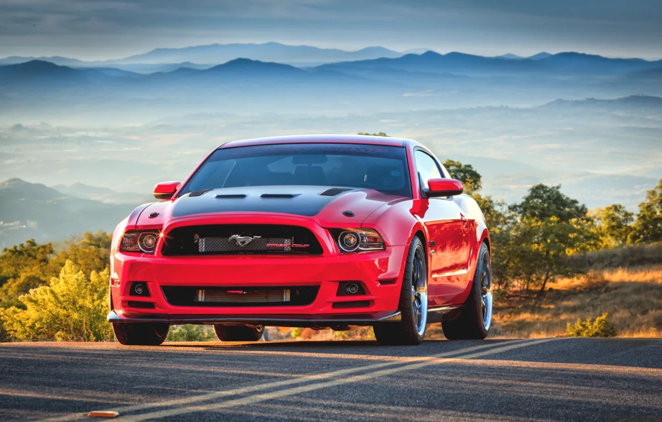 Фото обои красный, Mustang, red, ford, tuning, muscle car, street, масл кар