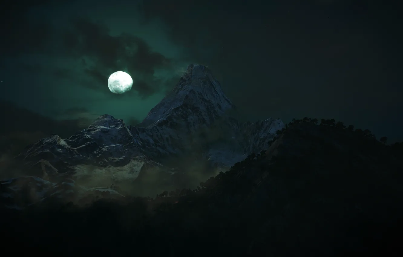 Фото обои облака, деревья, горы, ночь, рендеринг, луна