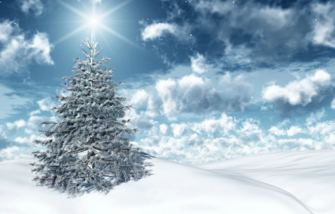 Фото обои зима, небо, солнце, облака, свет, снег, праздник, новый год