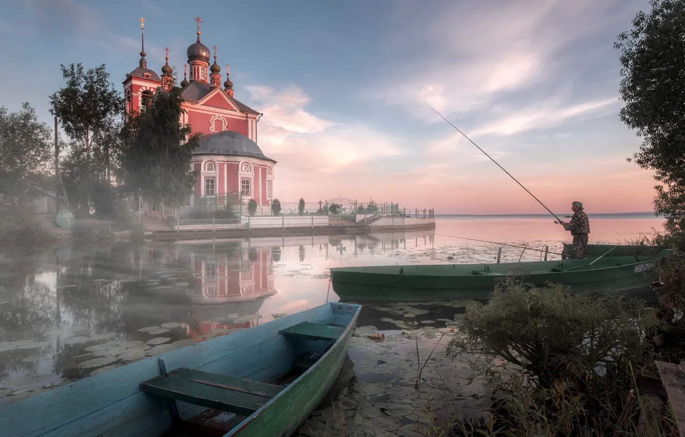 Фото обои пейзаж, природа, река, рыбак, лодки, утро, храм, Андрей Чиж
