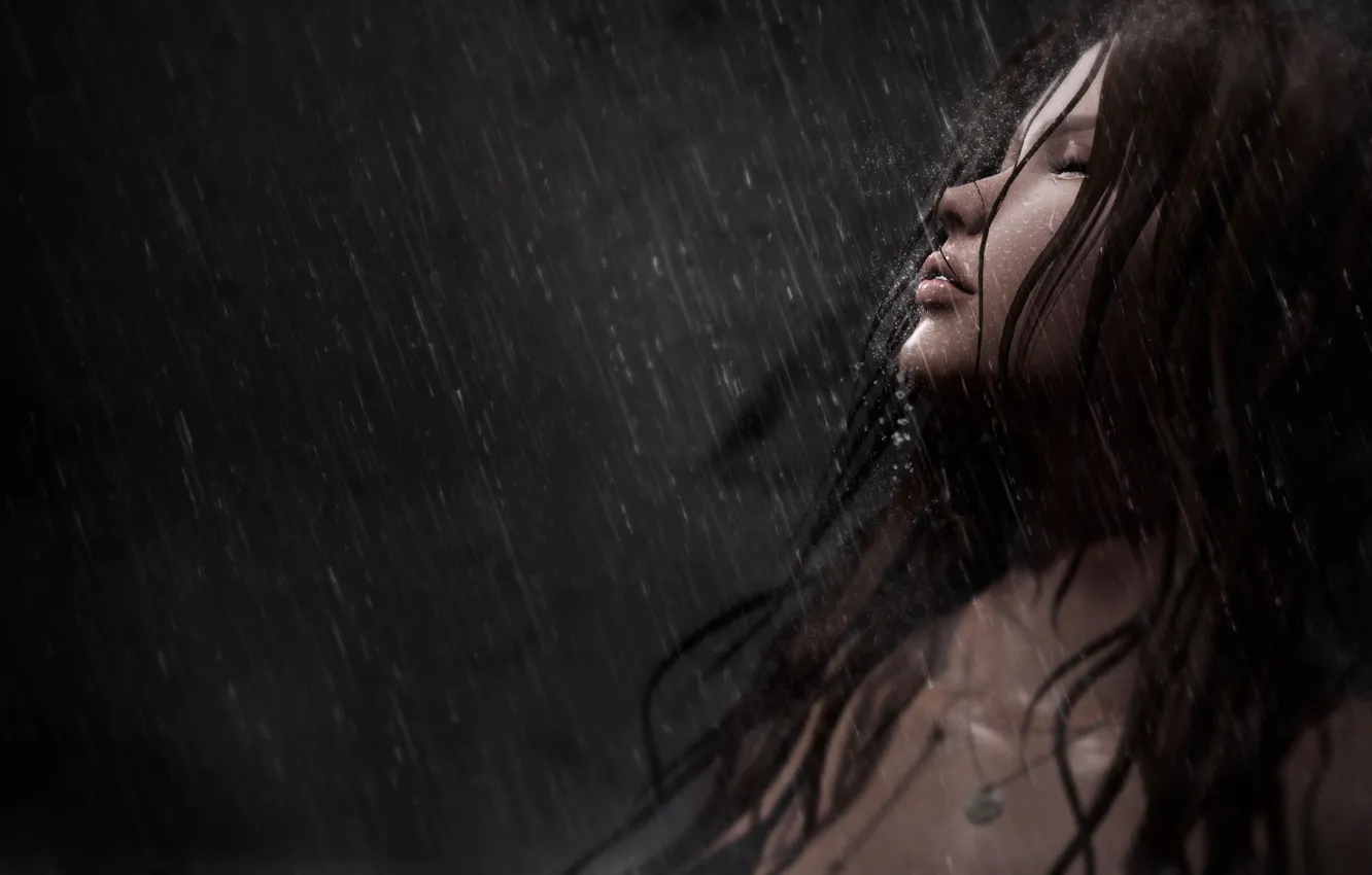 Фото обои девушка, лицо, дождь, волосы