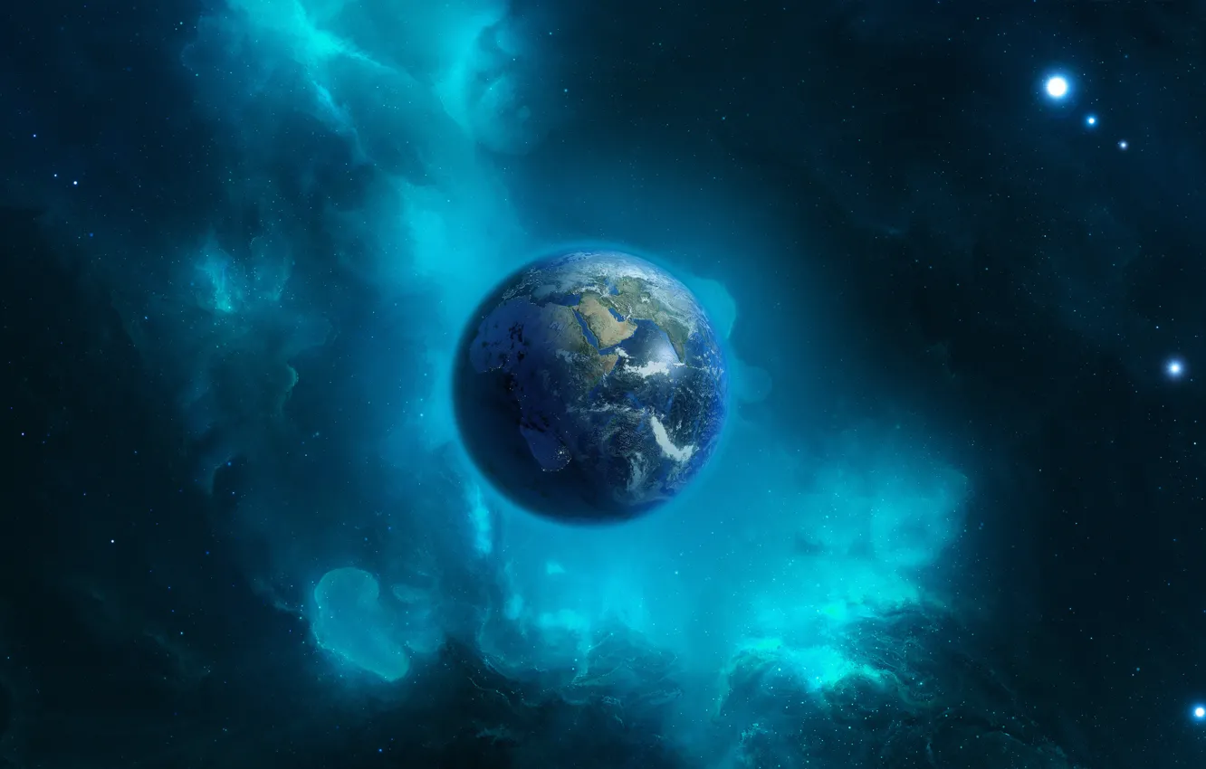 Фото обои Звезды, Планета, Дом, Туманность, Земля, Space, Art, Earth