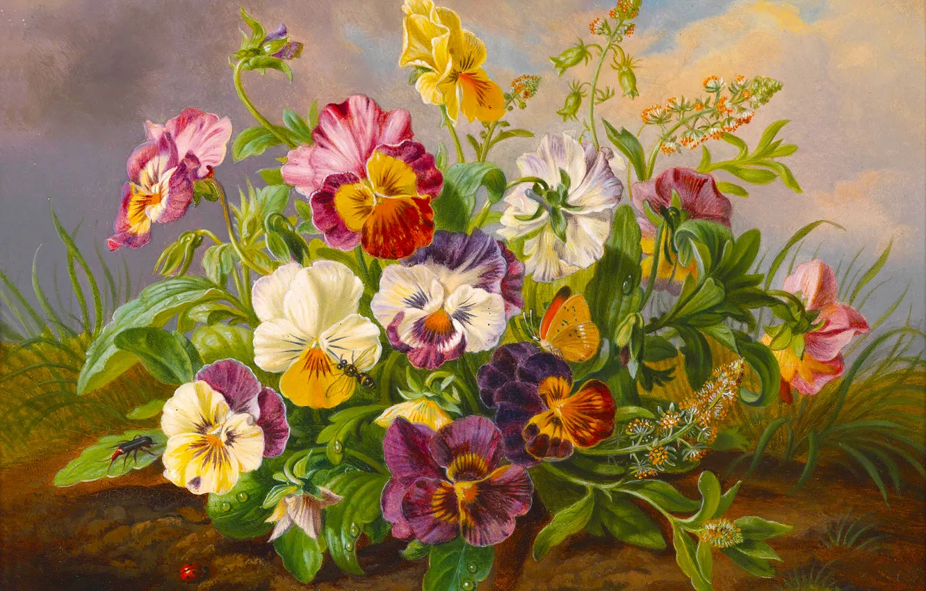 Фото обои цветы, бабочка, божья коровка, Картина, живопись, пчелка