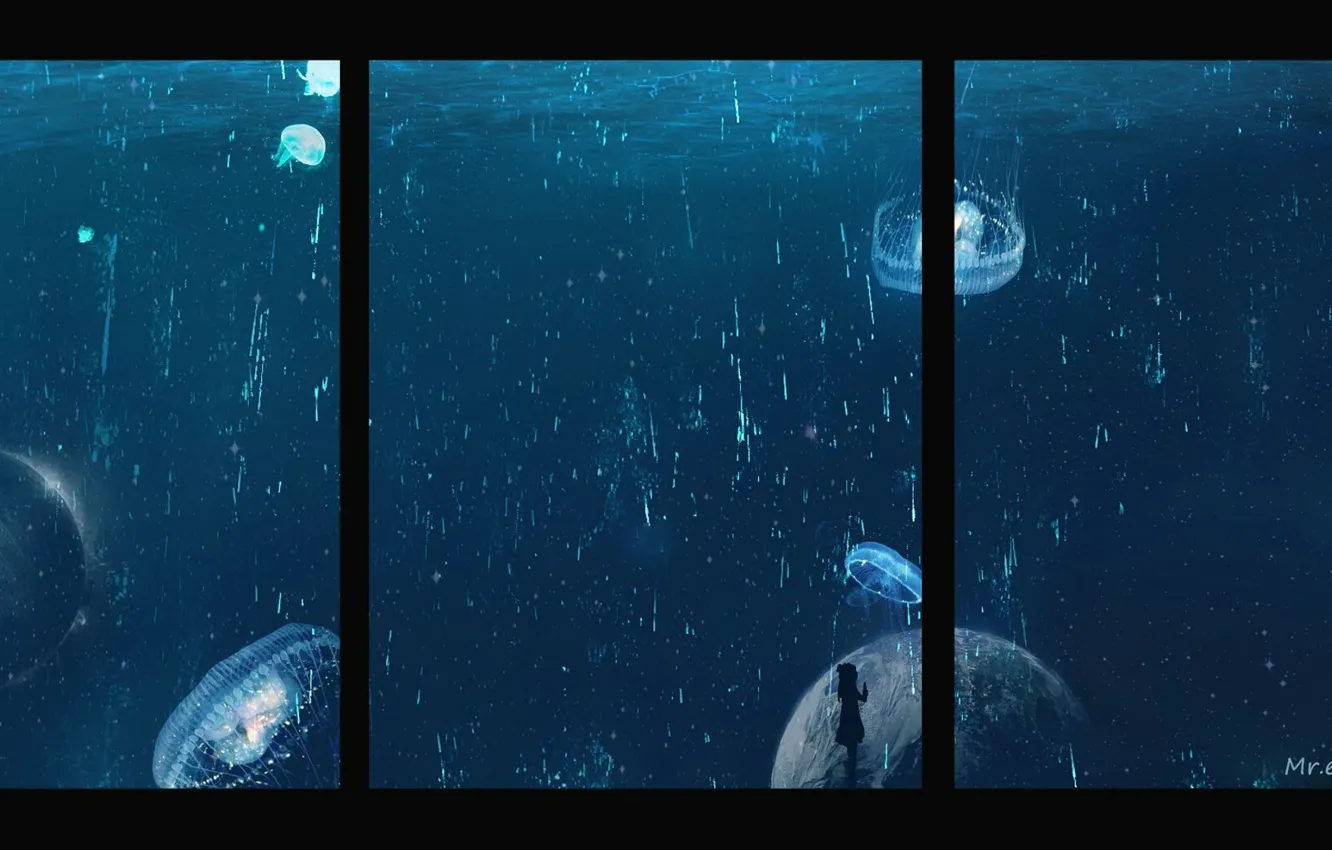 Фото обои аквариум, медузы, девочка, в темноте, пузырьки воздуха, океанариум