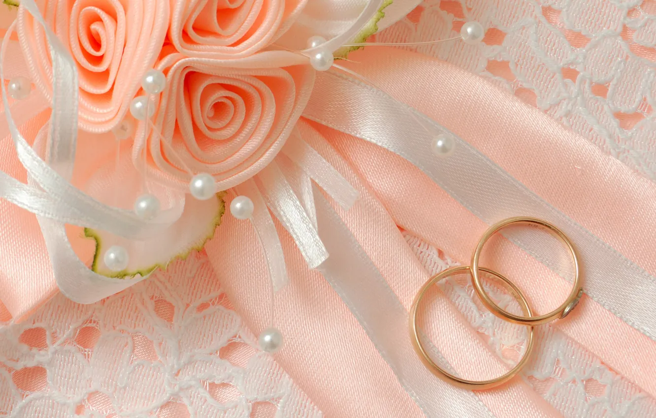 Фото обои макро, цветы, бант, свадьба, обручальные кольца