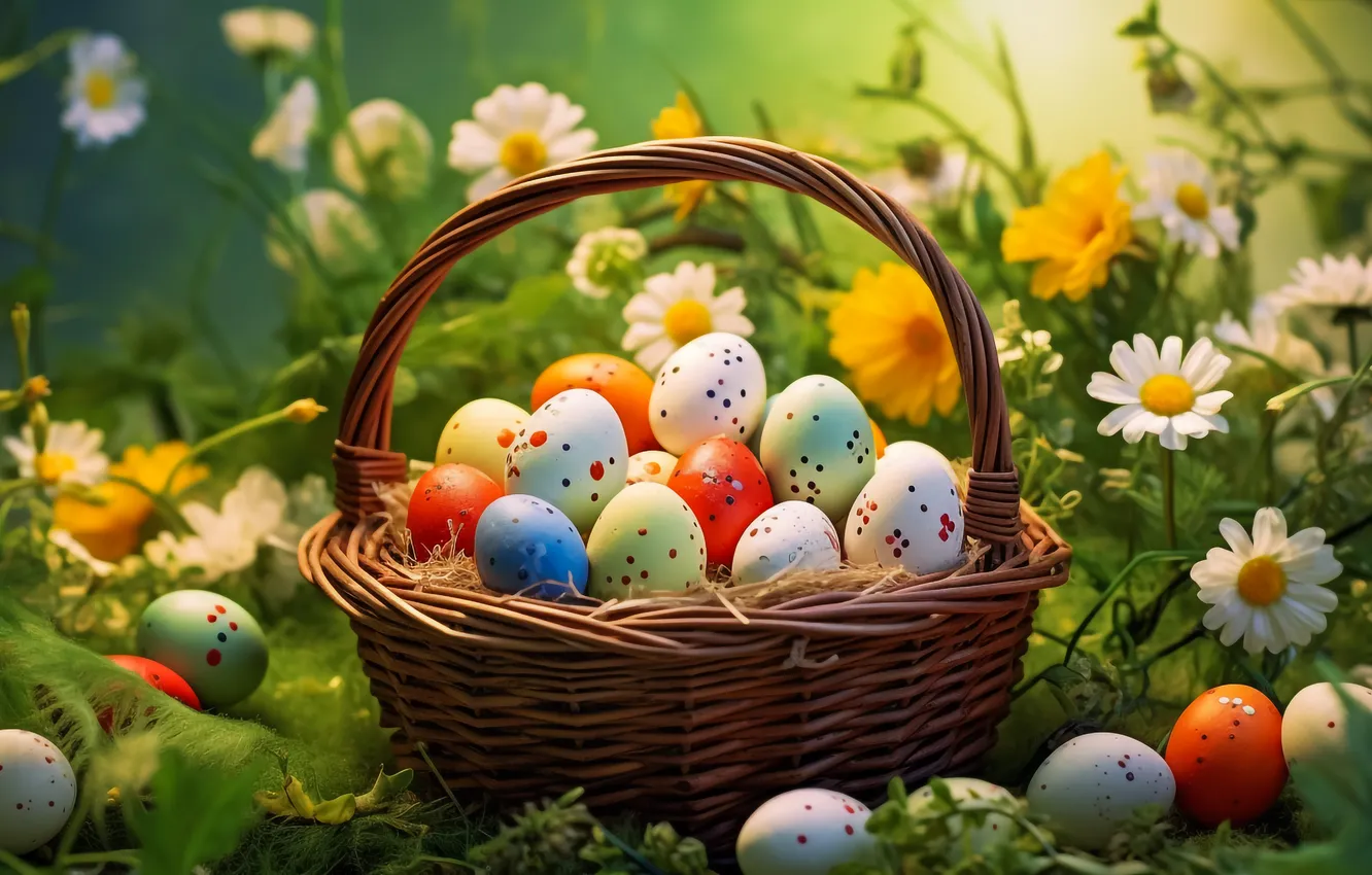Фото обои цветы, корзина, поляна, яйца, весна, colorful, Пасха, happy