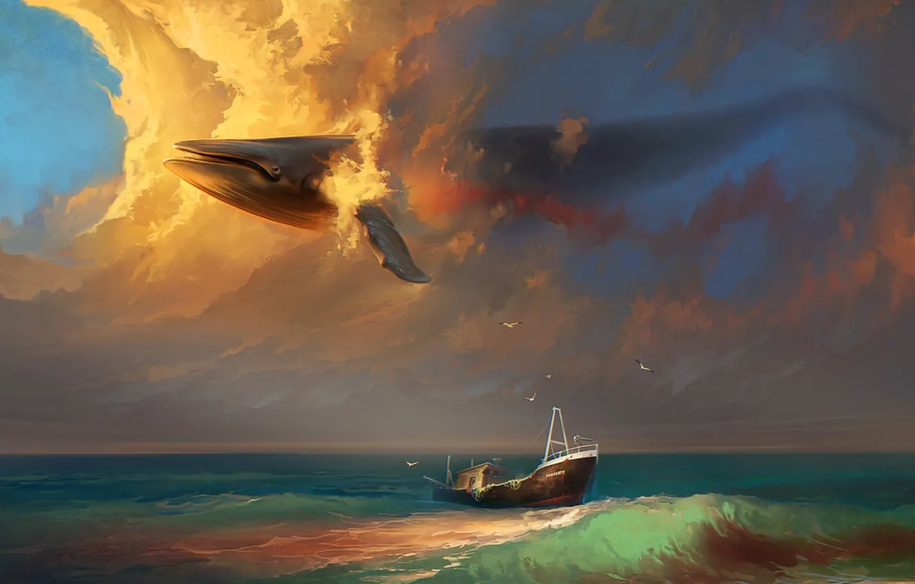 Фото обои море, волны, небо, облака, птицы, сюрреализм, корабль, чайки