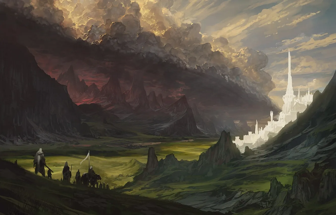 Фото обои облака, люди, замок, скалы, холмы, арт, знамя