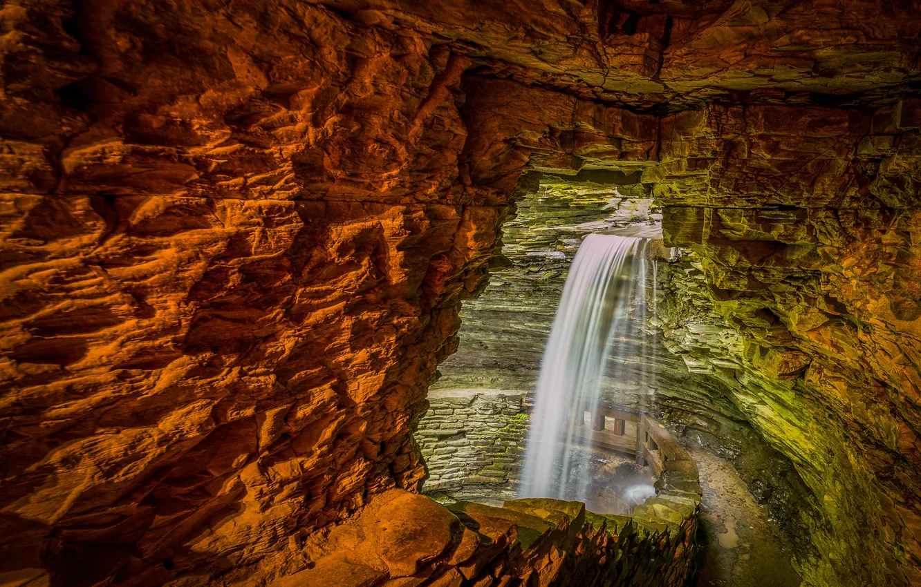 Фото обои камни, скалы, водопад, пещера, Watkins Glen State Park, Cavern Cascade