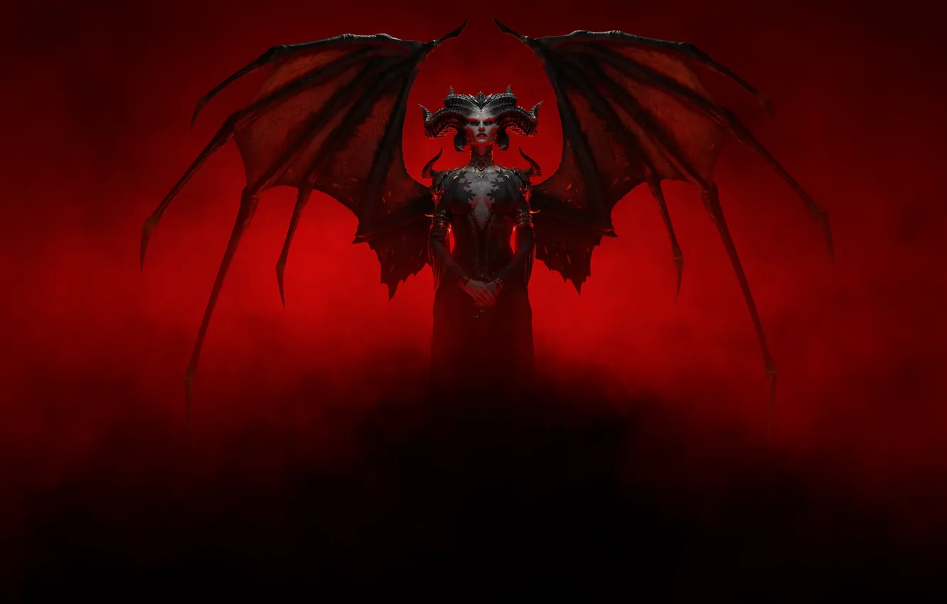 Фото обои Крылья, Game, Blizzard Entertainment, Лилит, Красный фон, Diablo IV, Королева Суккубов, Демоница