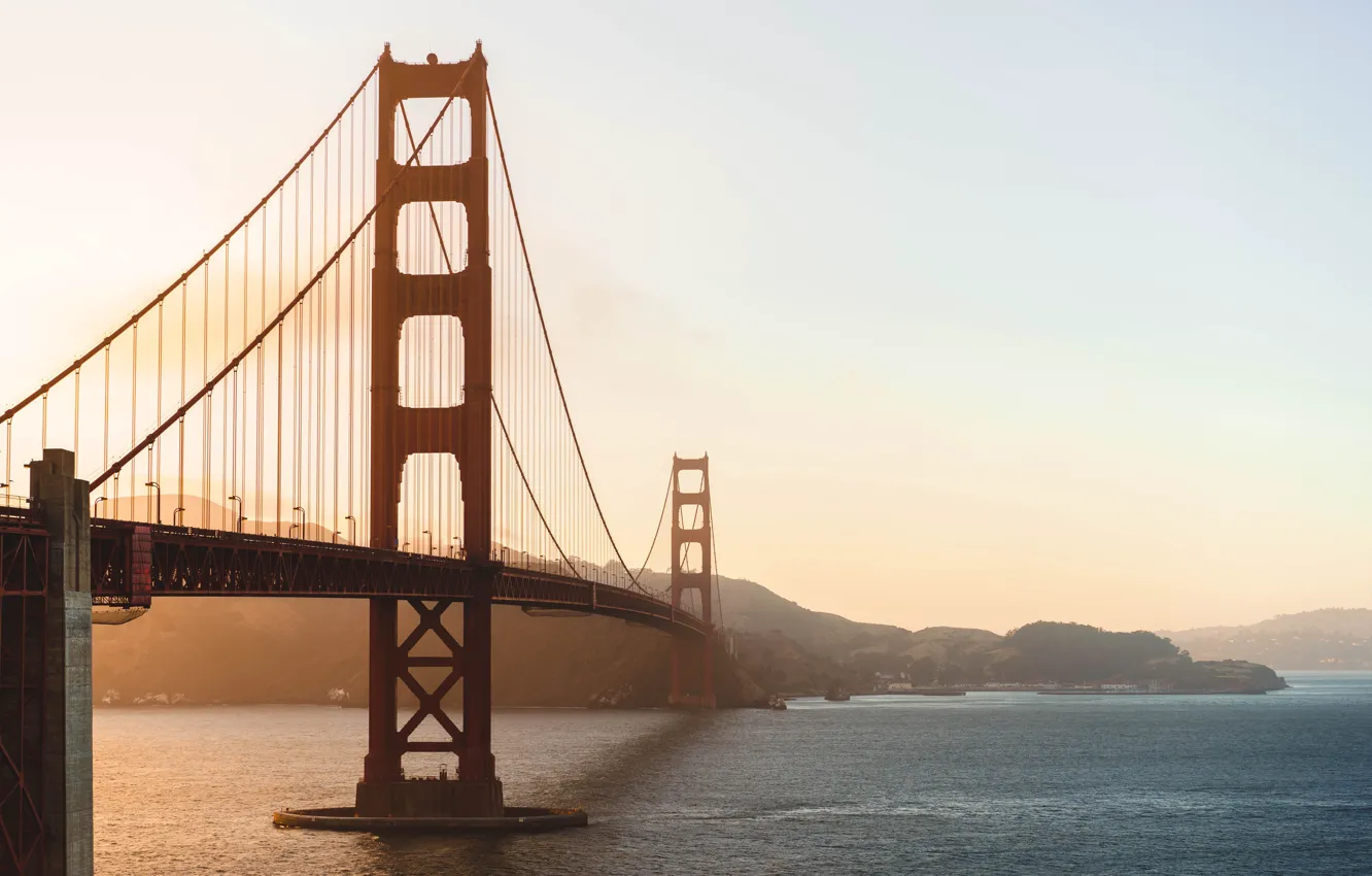 Фото обои небо, вода, закат, мост, пролив, Калифорния, Сан-Франциско, Золотые Ворота