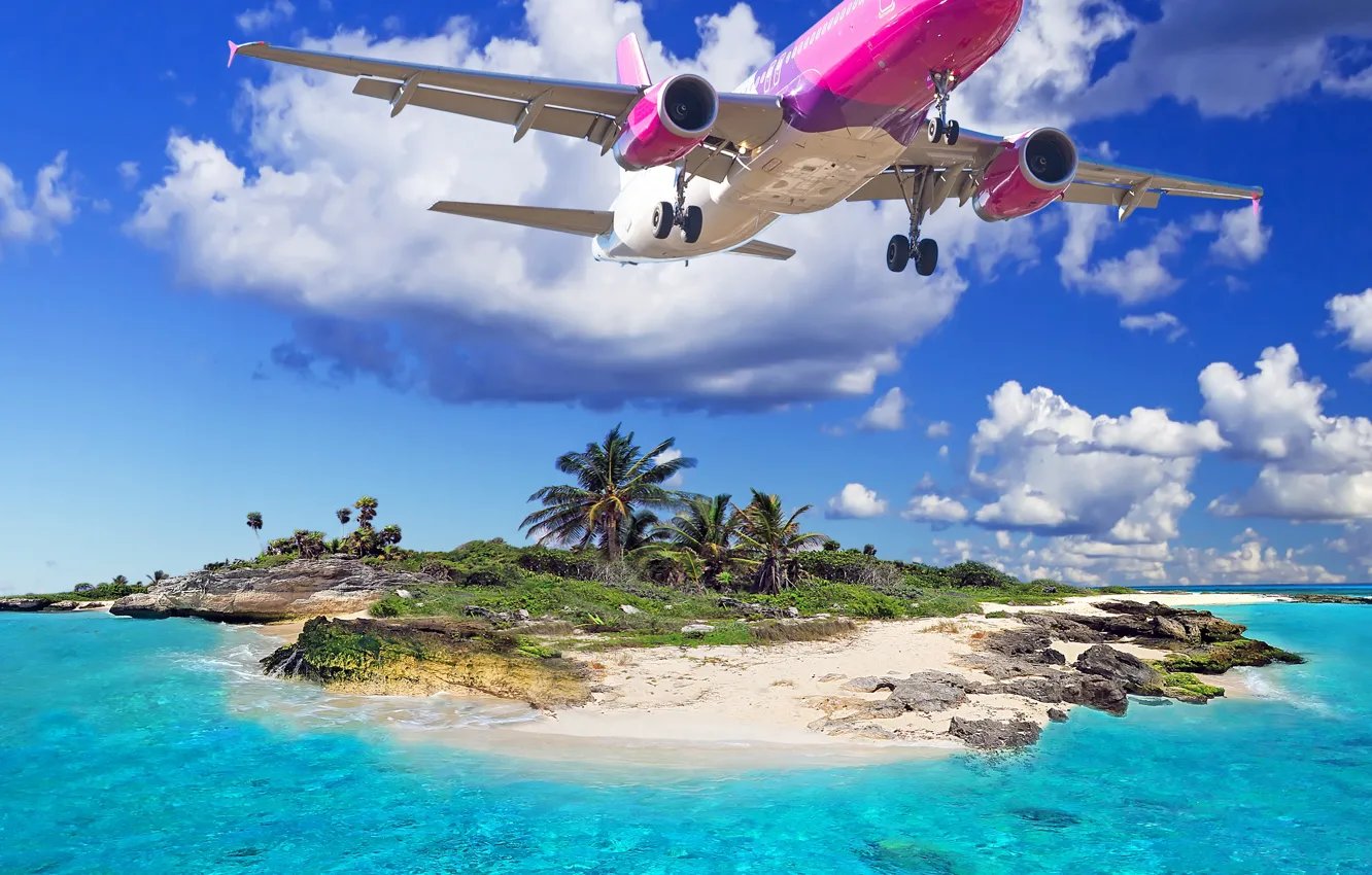 Фото обои море, пляж, тропики, Самолет, beach, sea, tropics, летящий над островом
