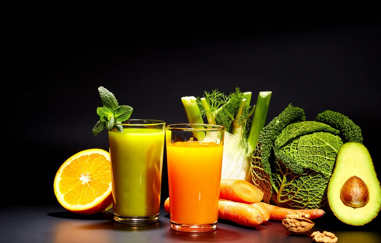 Фото обои зелень, апельсин, сок, цитрус, капуста, авокадо