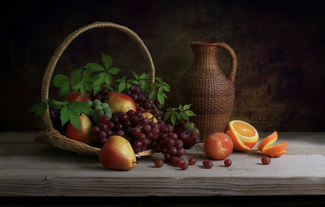 Фото обои апельсин, виноград, кувшин, натюрморт, корзинка, груши