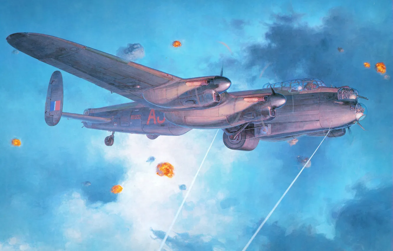 Фото обои небо, рисунок, арт, бомбардировщик, самолёт, четырёхмоторный, ВВС Великобритании, WW2