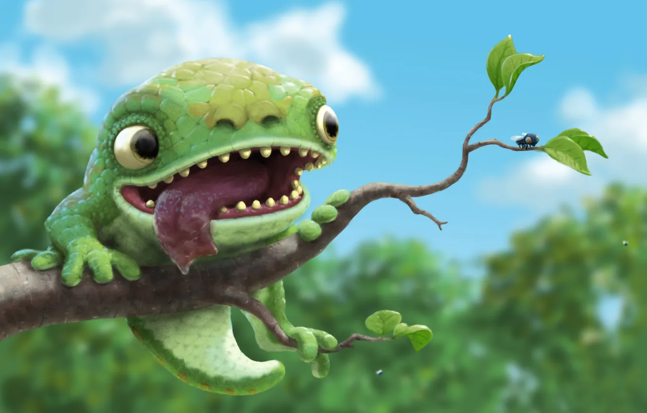 Фото обои лес, язык, ветки, муха, ящерица, закуска