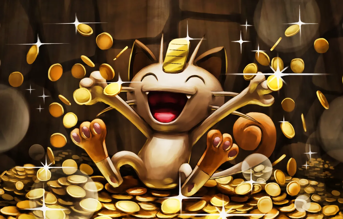 Фото обои кот, деньги, монеты, cat, money, покемон, pokemon, мяут