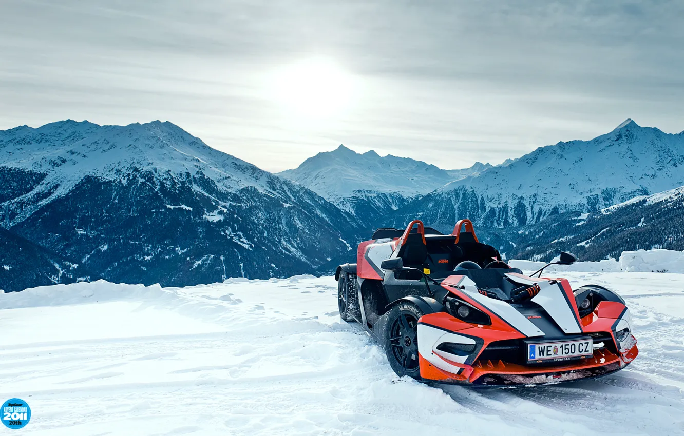Фото обои небо, снег, горы, суперкар, KTM, top gear, высшая передача, топ гир