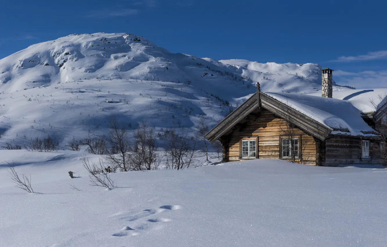 Фото обои зима, снег, холмы, Норвегия, домик