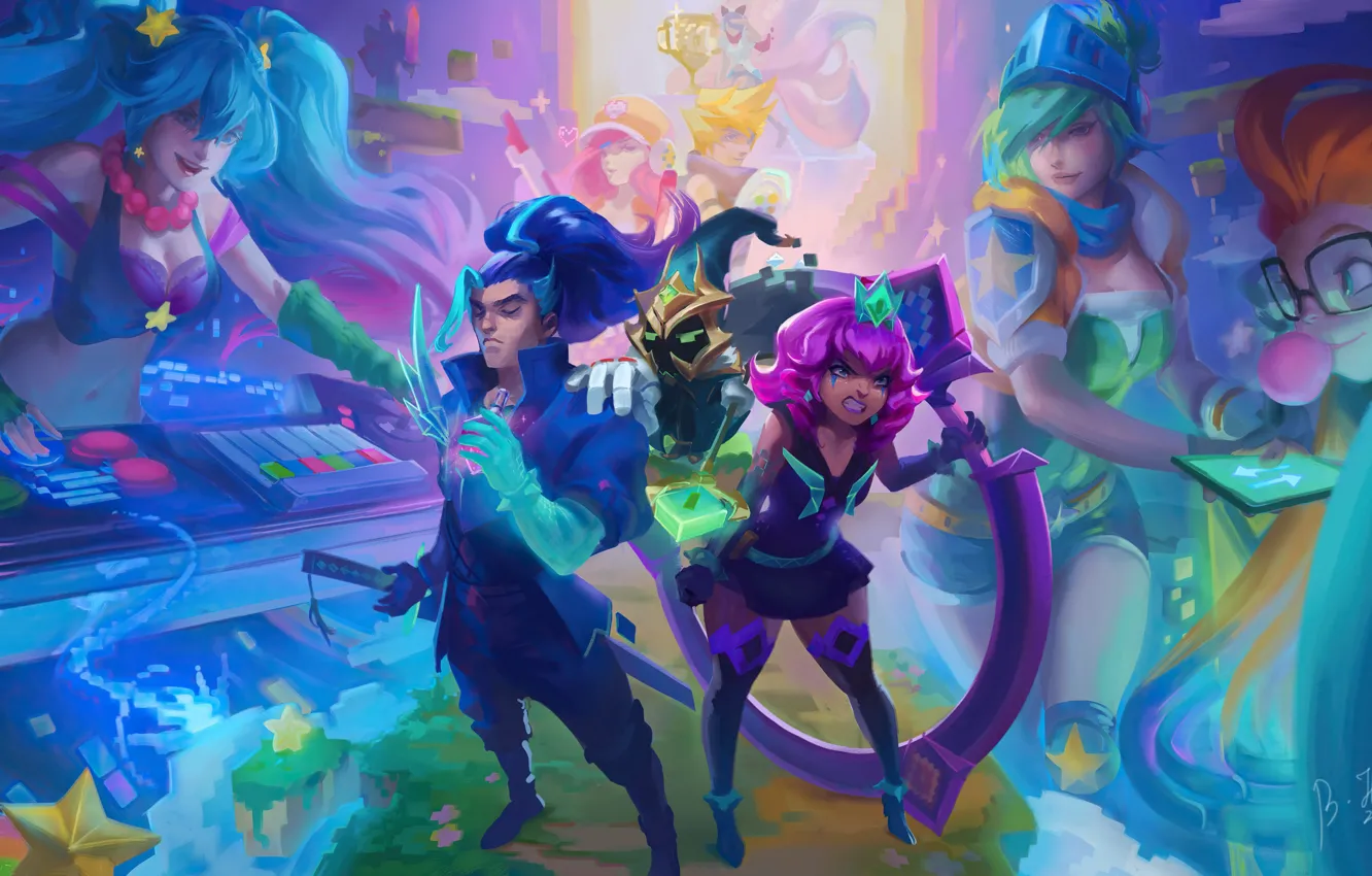 Фото обои игра, вечеринка, персонажи, пати, League of Legends, video game, Riven, Veigar