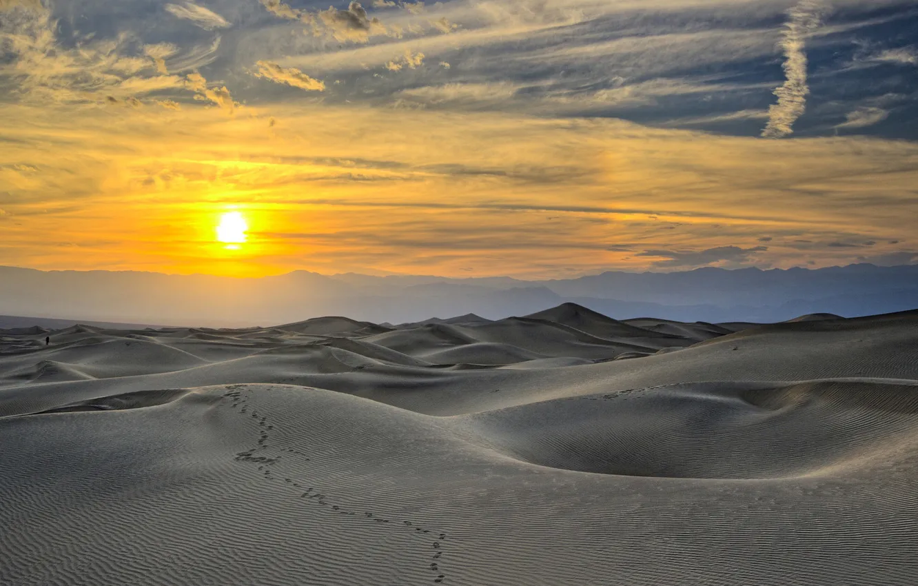 Фото обои песок, небо, солнце, закат, следы, пустыня, дюны