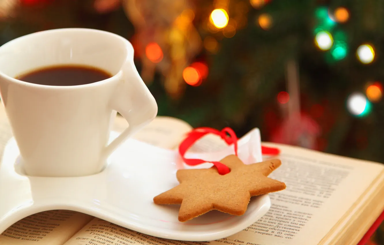 Фото обои огни, чай, звезда, кофе, печенье, чашка, книга, блюдце
