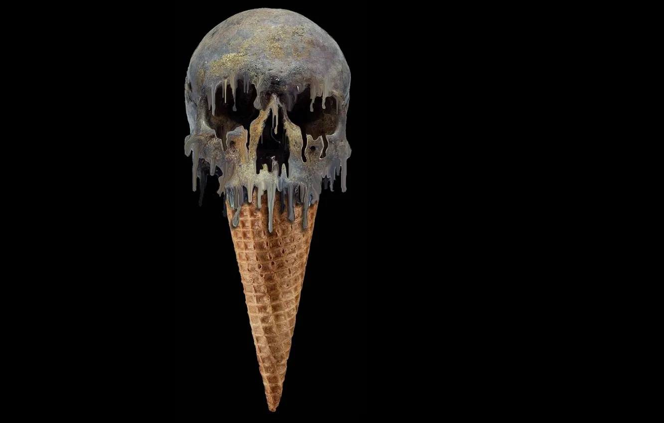 Фото обои череп, мороженое, черный фон, рожок, отрава, слизь, вафля
