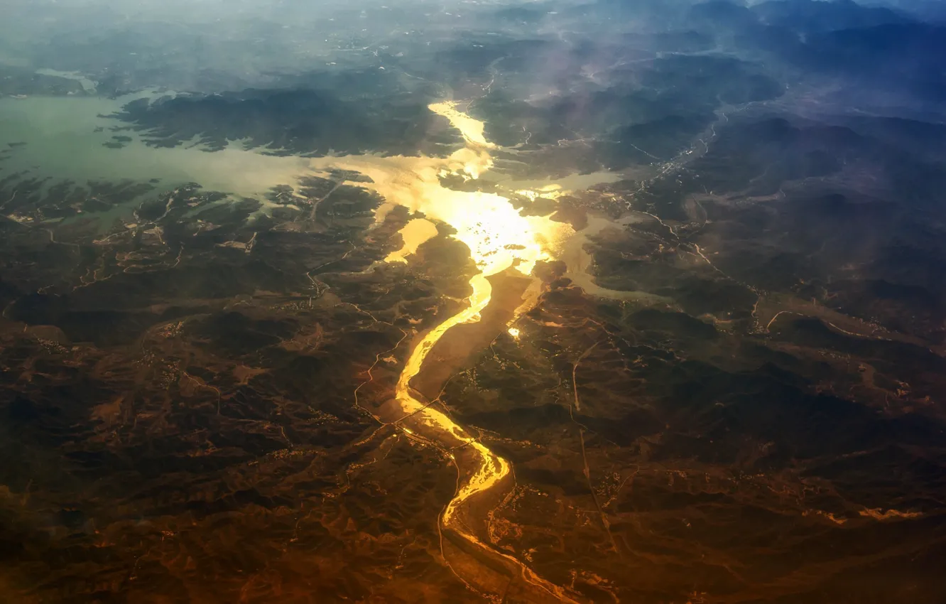 Фото обои свет, река, долина, вид сверху