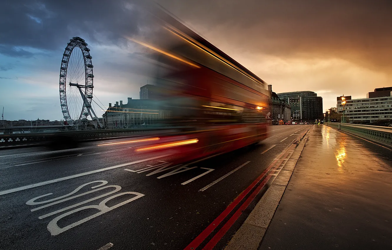 Фото обои город, улица, Англия, Лондон, выдержка, Великобритания, автобус