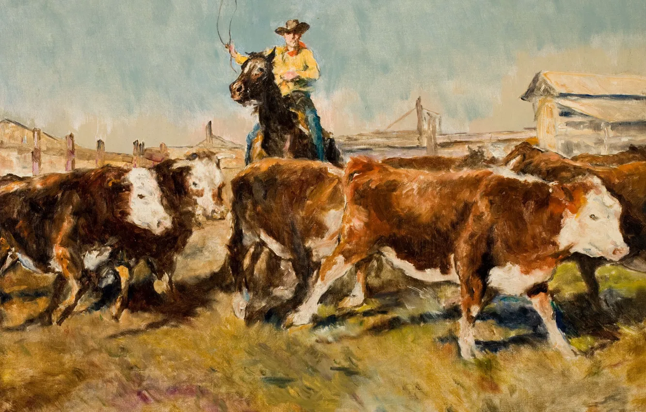 Фото обои коровы, ковбой, Жанровая живопись, Пал Фрид, На скотном дворе