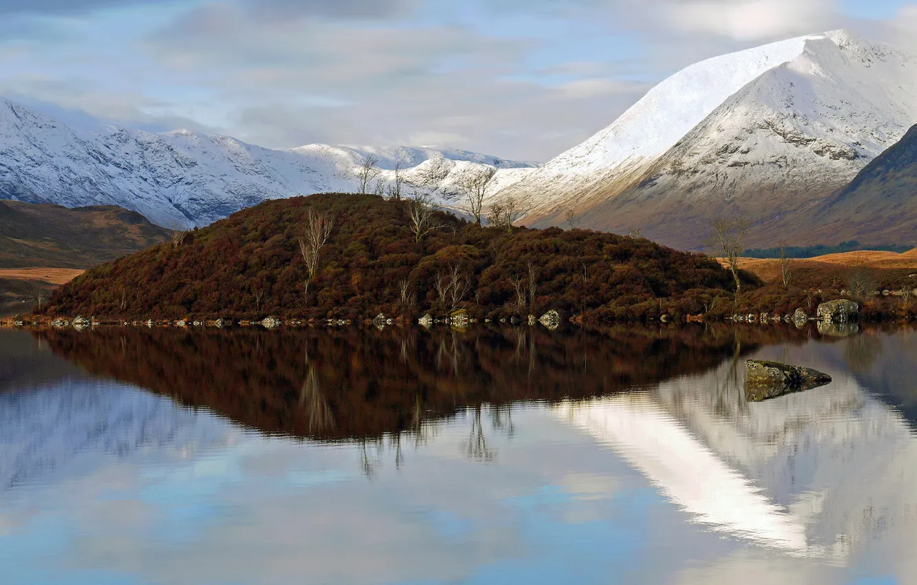 Фото обои снег, деревья, горы, озеро, отражение, остров