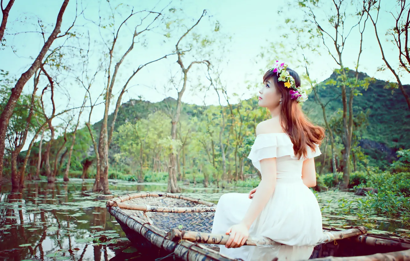 Фото обои девушка, природа, лодка, азиатка