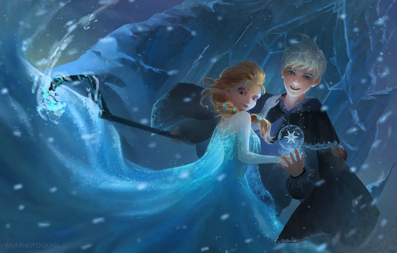 Фото обои девушка, снег, арт, посох, Frozen, парень, Rise of the Guardians, Хранители снов