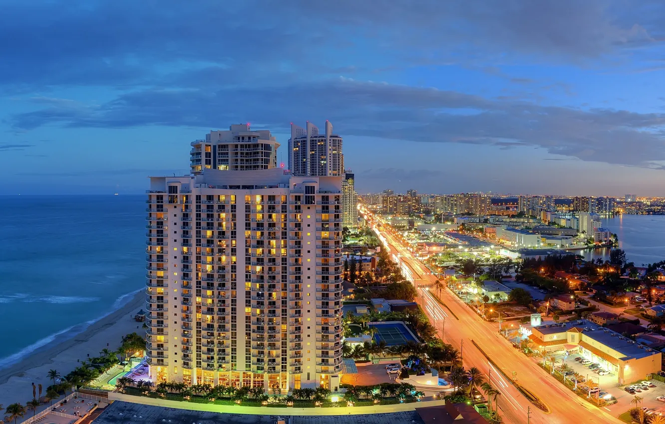 Фото обои побережье, Майами, Флорида, панорама, ночной город, Miami, Florida, Атлантический океан